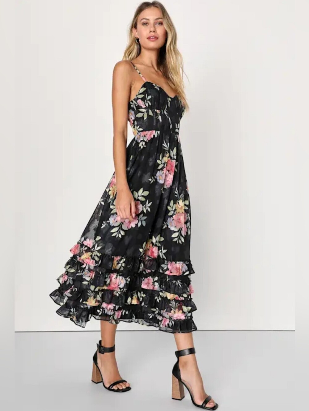 NEW Lulu's Elegant Radiance Black Floral Print Ruffled Bustier Midi Dress - Picture 3 of 14